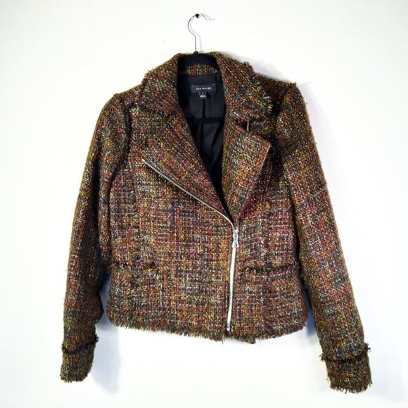 Dark/Bright Multicolor Distressed Seams Tweed Moto Style Short Jacket  Size 0 - Picture 1 of 7